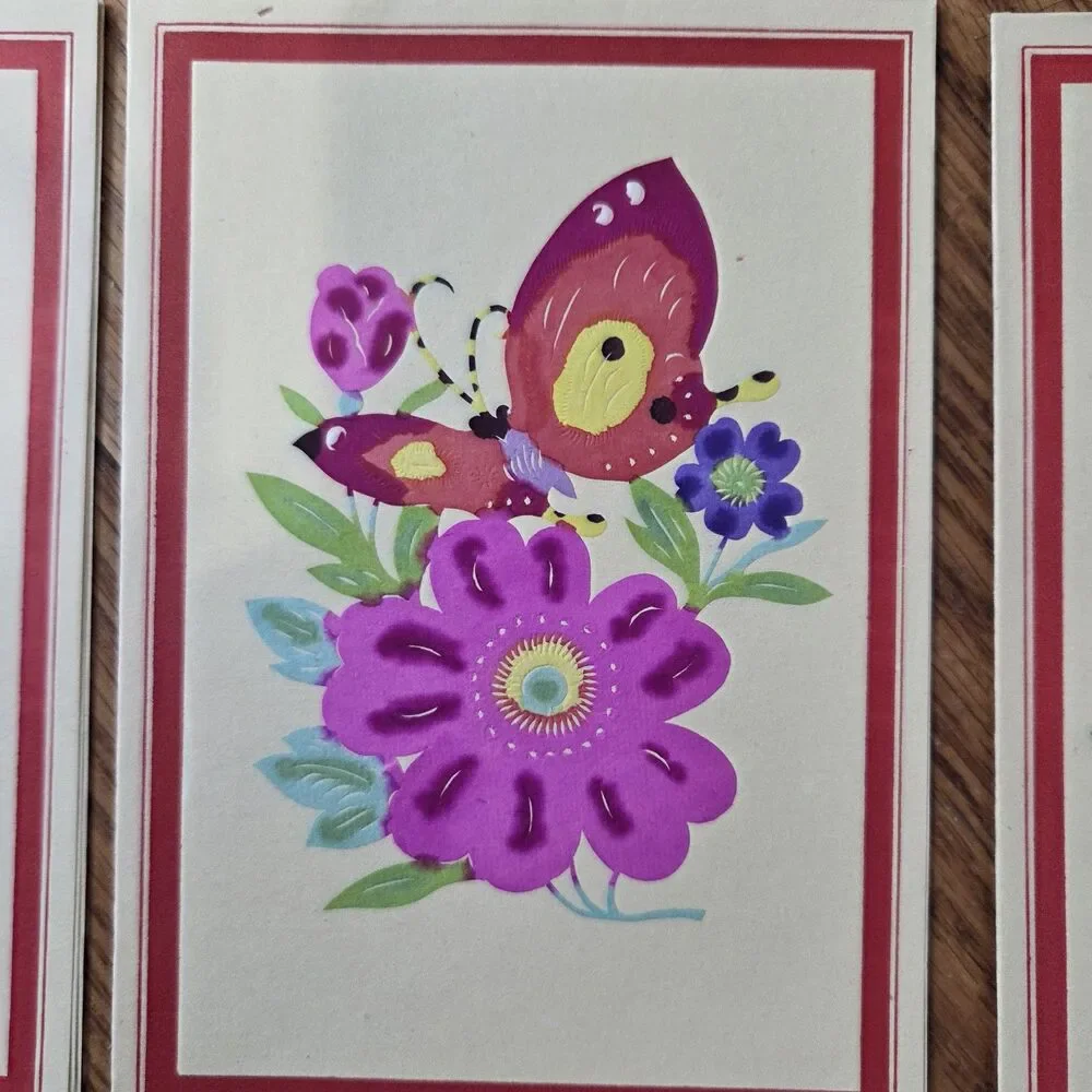 Vintage Chinese Paper Cut Art Cards Set of 5 Butterflies Flowers Jianzhi